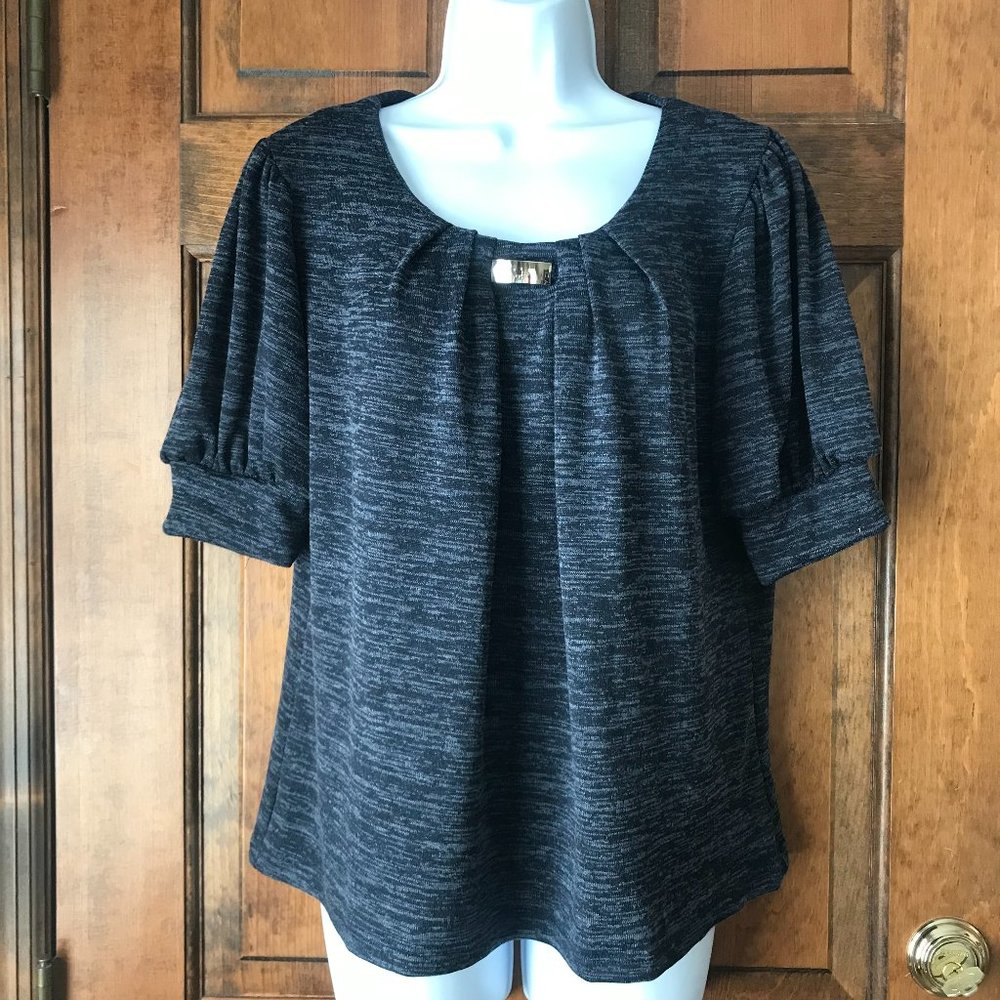 NWT Notations Navy Blue Marl Scoop Neck Knit Pullover w/Silvertone Bar PL